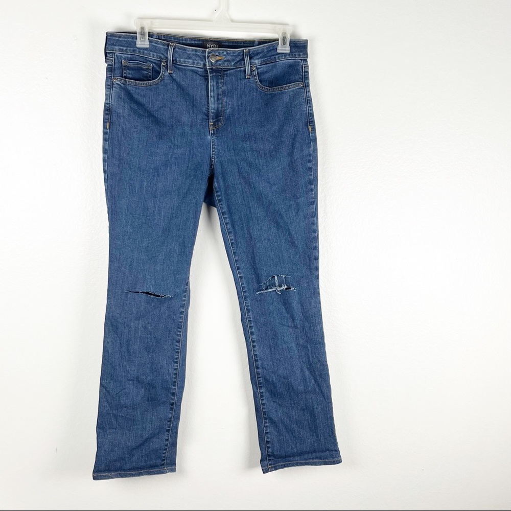 NYDJ Marilyn Medium Wash High Rise Ripped Straight  Leg Jeans 14 Casual Neutral